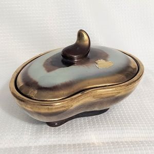 Vtg Keramik Kidney Shaped Lidded Candy Trinket Dish Glazed Container MCM Germany